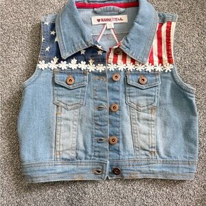 Nannette Kids Blue Denim Vest with Flag and Floral Accents